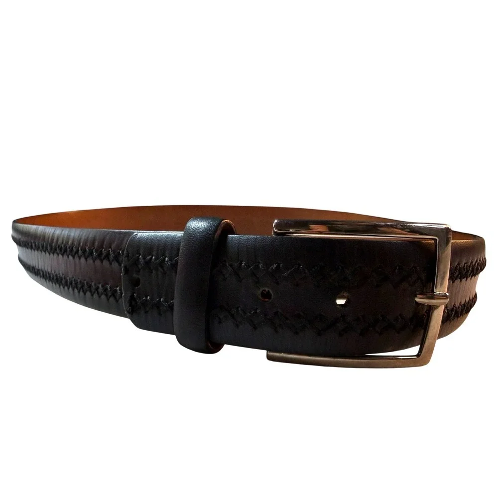 John W. Nordstrom Leather Belt Mens 40 Black Whipstitch Italy Designer Preppy